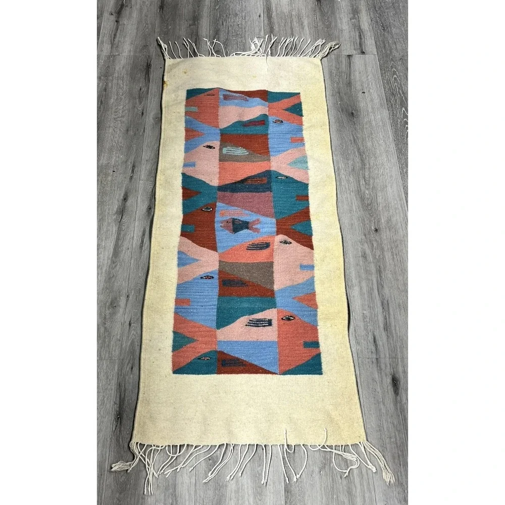 Vintage Zapotec Oaxacan Fringed Mexican Wool Rug Fish Stories Rug 58 X 23.5
